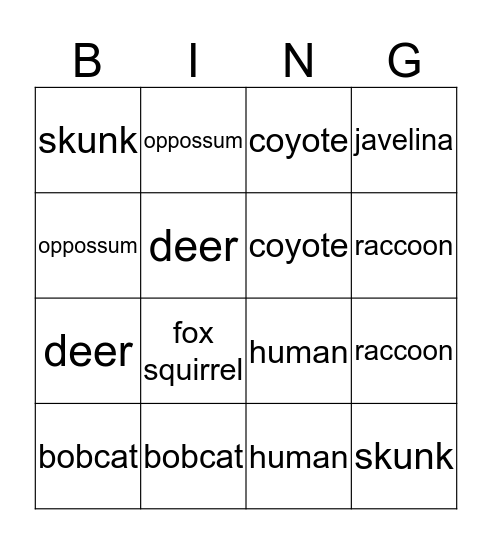 Animal Tracks Bingo Card