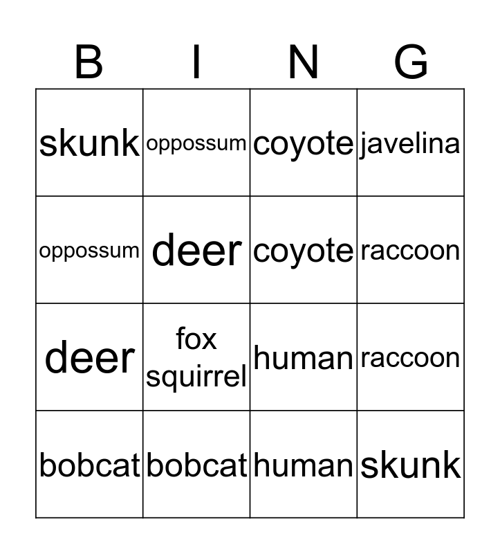 Animal Tracks Bingo Card