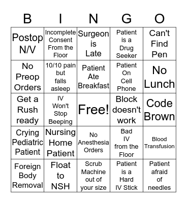 Periop Bingo Card