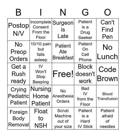 Periop Bingo Card