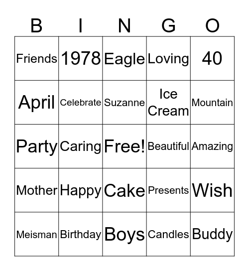Happy 40th Birthday Suzanne! Bingo Card