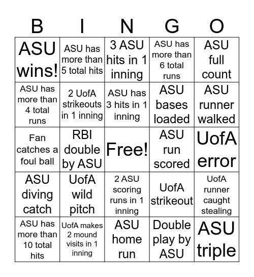 ASU us UA 4/20 Softball BINGO Card