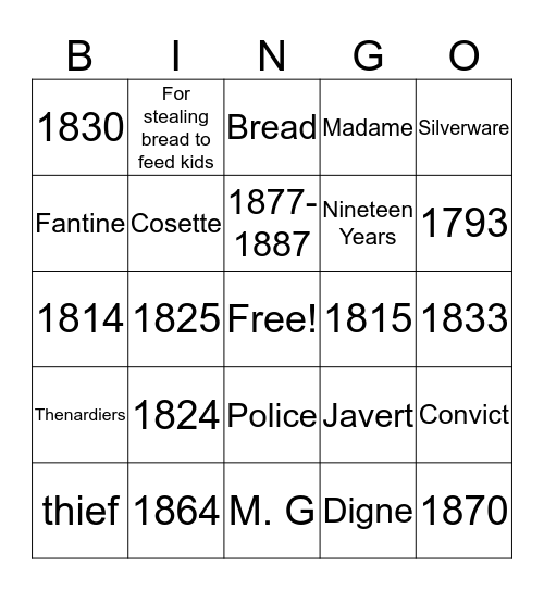 Les Miserables and French History Bingo Card