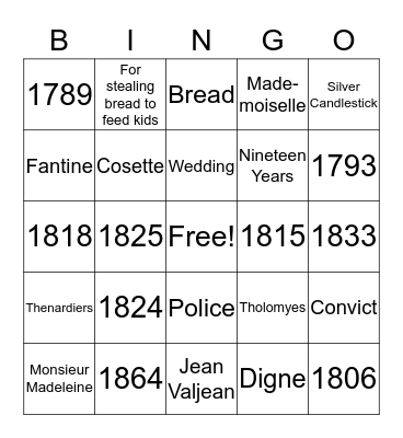Les Miserables and French History Bingo Card