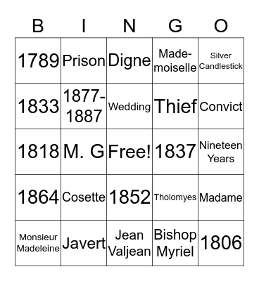 Les Miserables and French History Bingo Card