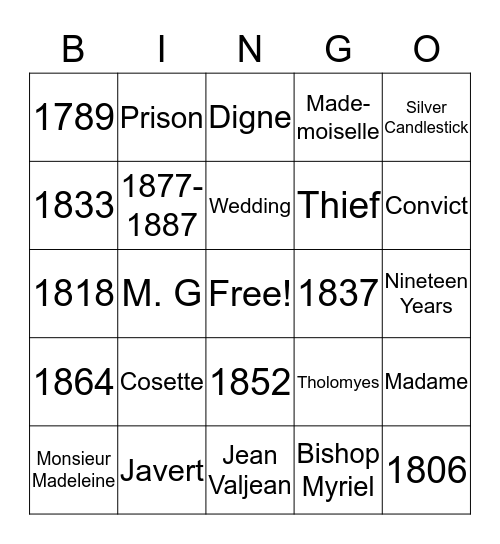 Les Miserables and French History Bingo Card