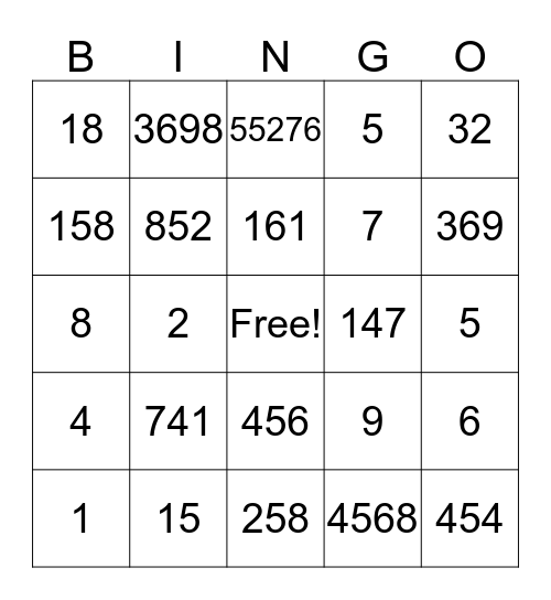 MATH BINGO Card