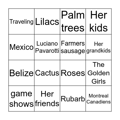 Things SUSANNA loves  Bingo Card