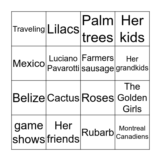 Things SUSANNA loves  Bingo Card
