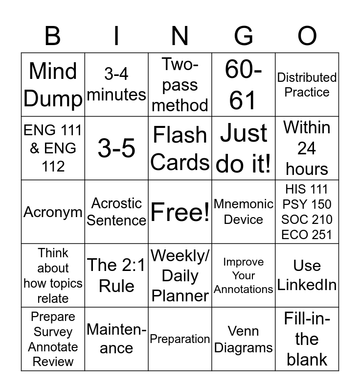 ACA 122 Final Exam Review Bingo Card