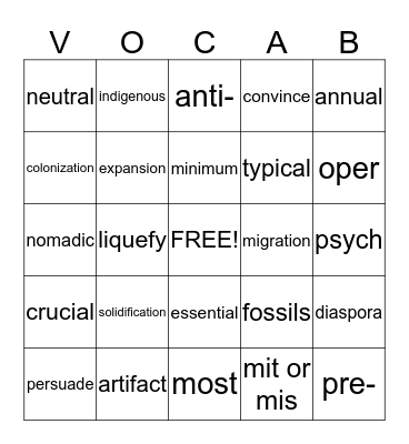 Vocabulary 3 Bingo Card