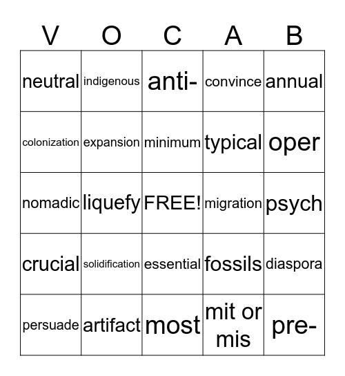 Vocabulary 3 Bingo Card