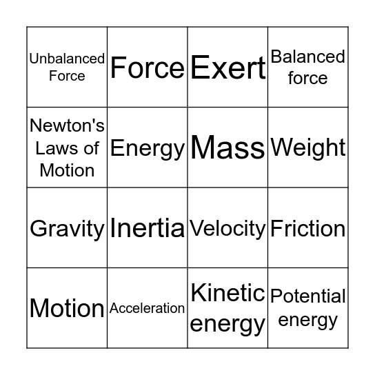 Motion and Force Bingo Card