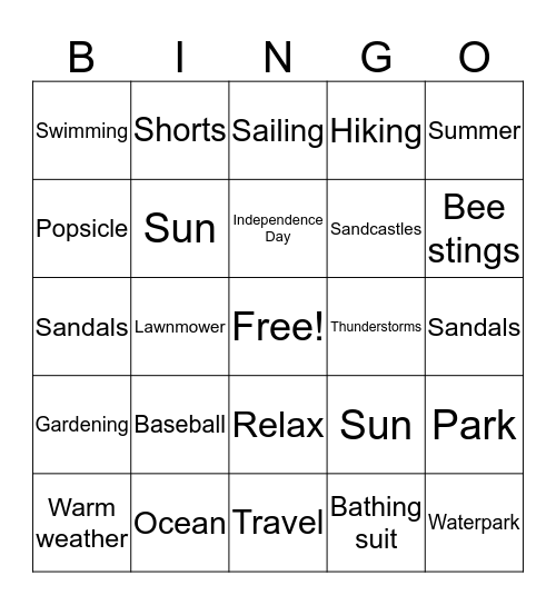 Summertime Fun Bingo Card