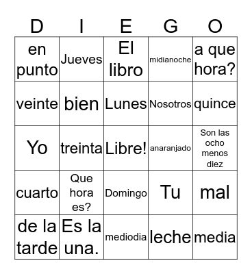 Spanish Diego Bingo Card