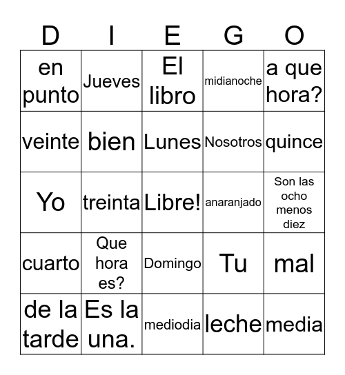 Spanish Diego Bingo Card