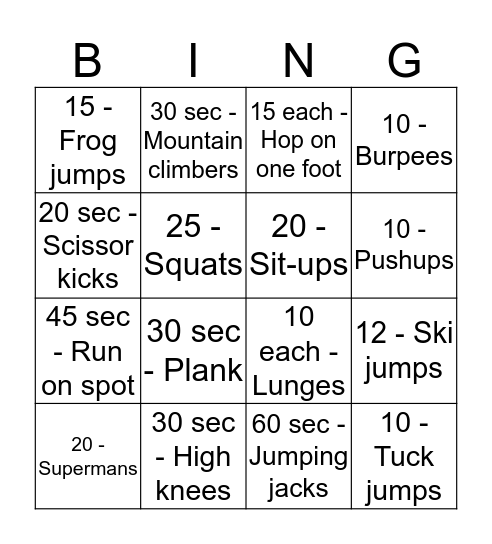 Fitness Bingo! Bingo Card