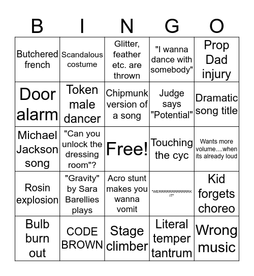 Dance Comp Bingo Card