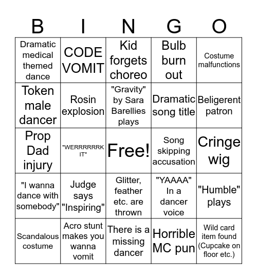 Dance Comp Bingo Card