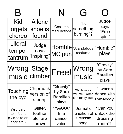 Dance Comp Bingo Card