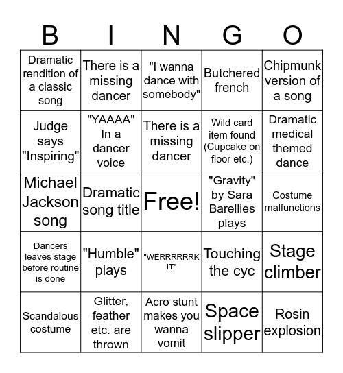 Dance Comp Bingo Card