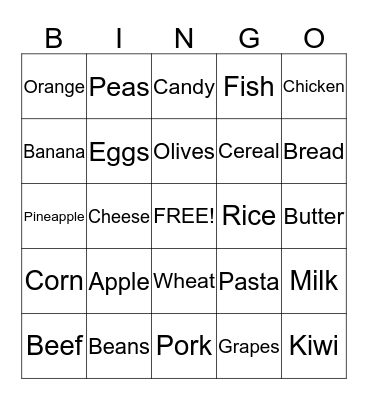 Nutrition Bingo Card