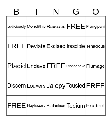 ALAS, Vocabulary! Bingo Card