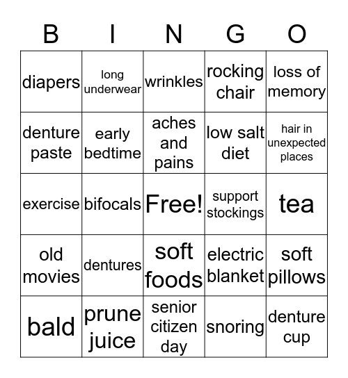 over the hill Bingo Card