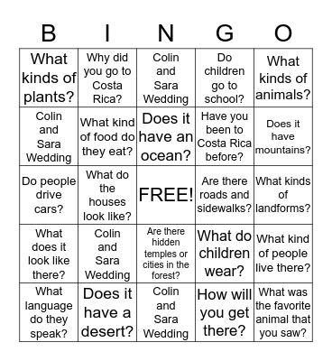 Colin and Sara's Wedding in Costa Rica Bingo Card