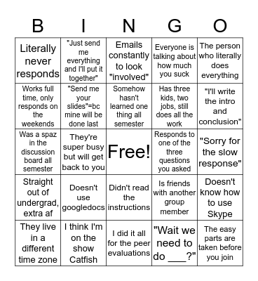 Group Projects in Grad School Bingo Card