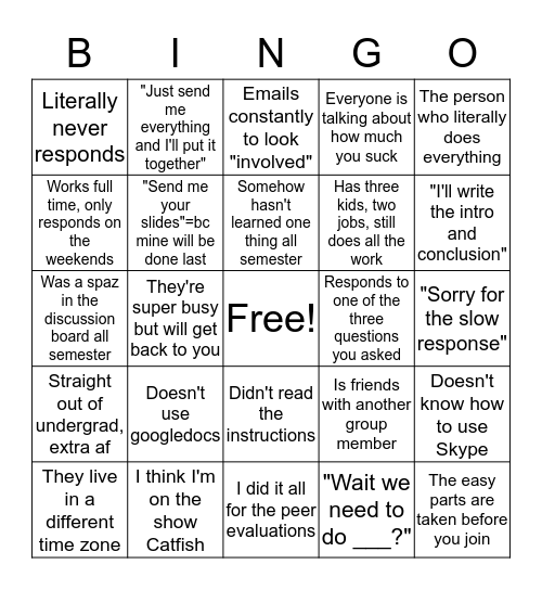 Group Projects in Grad School Bingo Card