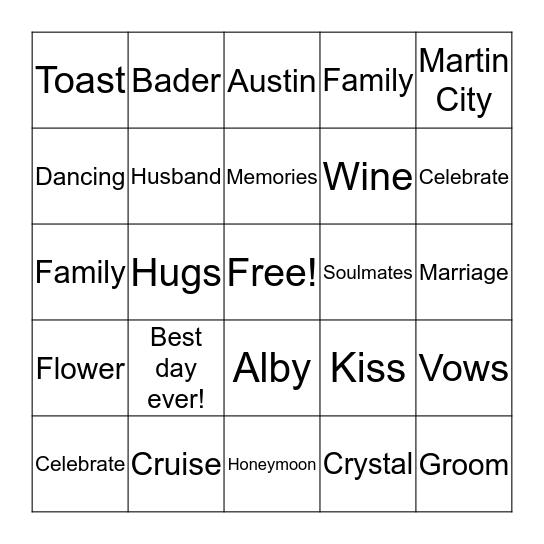 Bridal Bingo Card