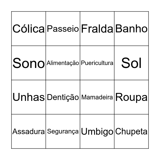Bingo do bebê Bingo Card