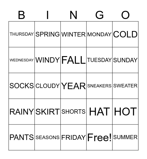 CLOTHES & SEASONS Bingo Card