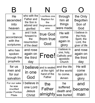 Nicene Creed Bingo Card