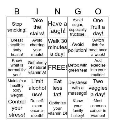 BREAST HEALTH BINGO! Bingo Card