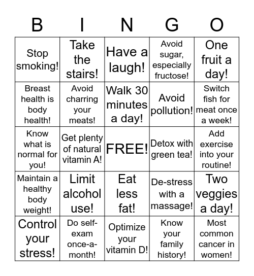 BREAST HEALTH BINGO! Bingo Card