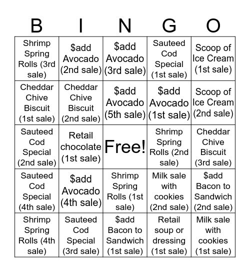 CASHIER  Bingo Card