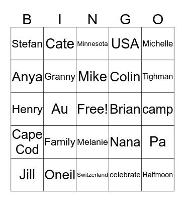 ONeil Family Bingo Card