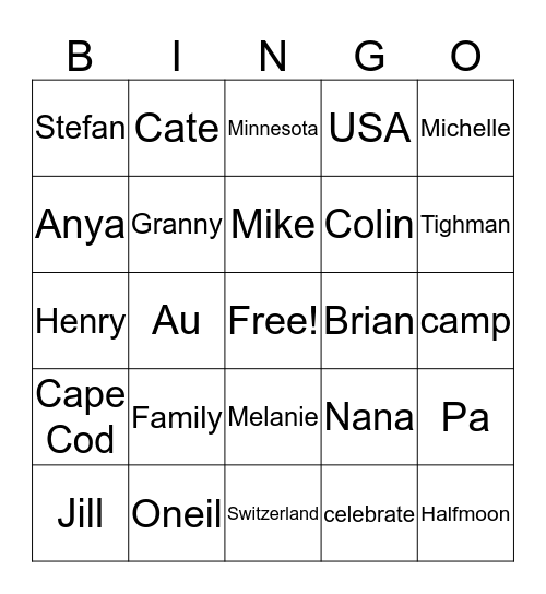 ONeil Family Bingo Card