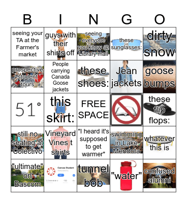 UW-Madison Weather is >45 degrees BINGO Card