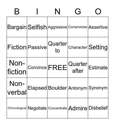 Vocabulary  Bingo Card