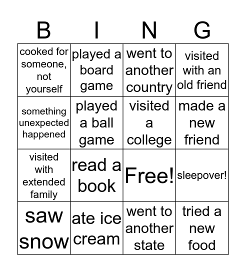 Vacation Bingo Card