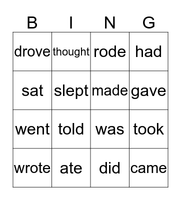 Past simple irregular verbs Bingo Card