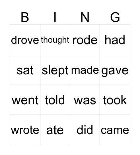 Past simple irregular verbs Bingo Card