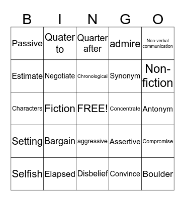 Vocabulary  Bingo Card