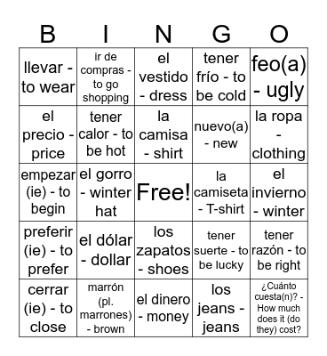 Avancemos 4.1 Vocabulario Bingo Card