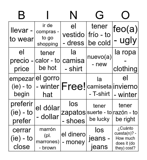 Avancemos 4.1 Vocabulario Bingo Card