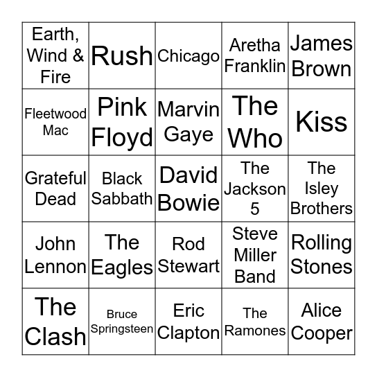 Musicians and Bands - 70's Bingo Card