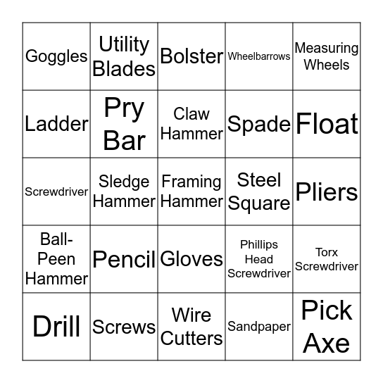 Construction Tools Bingo Card